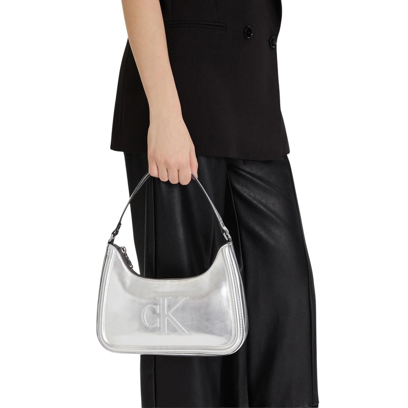 Calvin Klein women's bag BOLD CK METALLIC SHOULDER BAG, silver